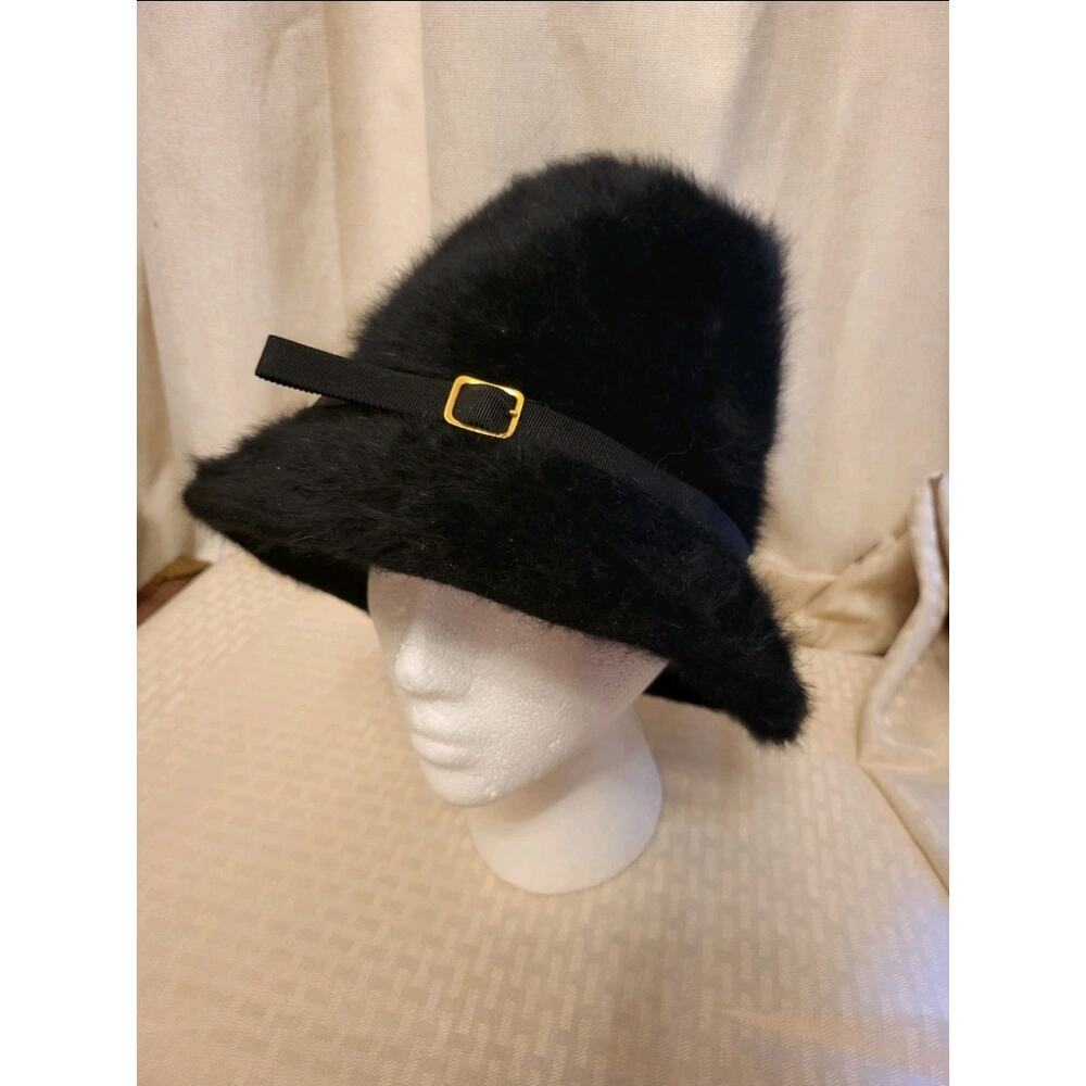 Vintage Kangol Design Black Angora Fur Felt Hat Made in England 1970s 21.5 in